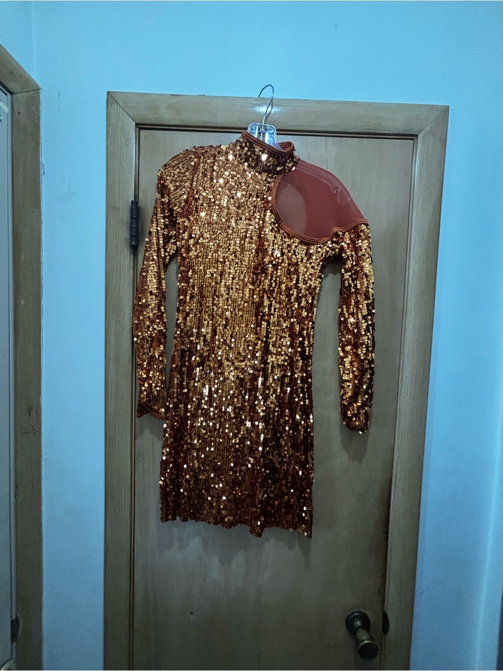 Weissman Copper Sequin Long-Sleeve One-Shoulder Mini Dress